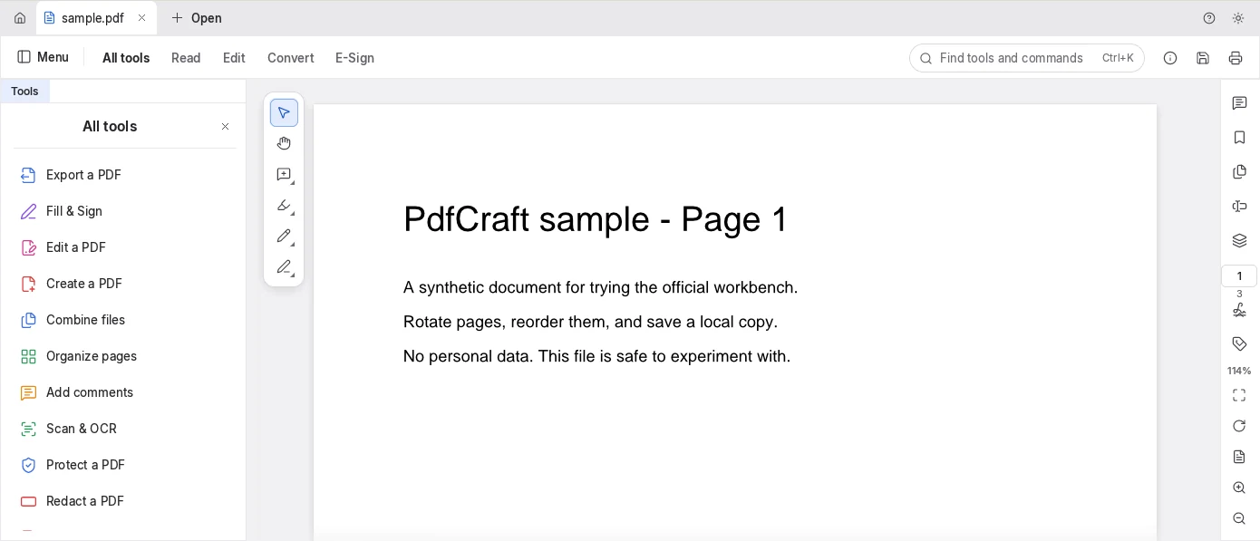 Il banco di lavoro PdfCraft, personalizzato per questo sito. Le funzionalità variano a seconda del browser.